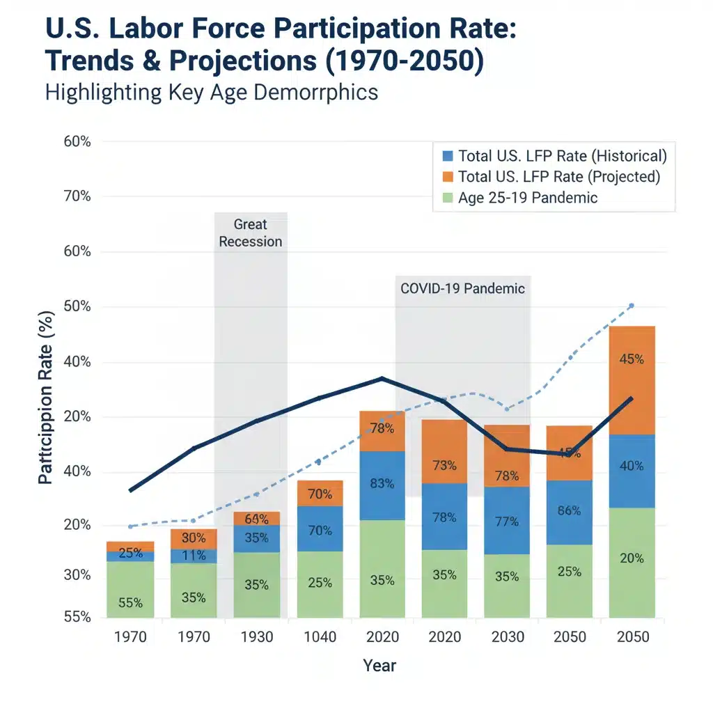 Graph showing historical and projected US labor force participation rate trends.