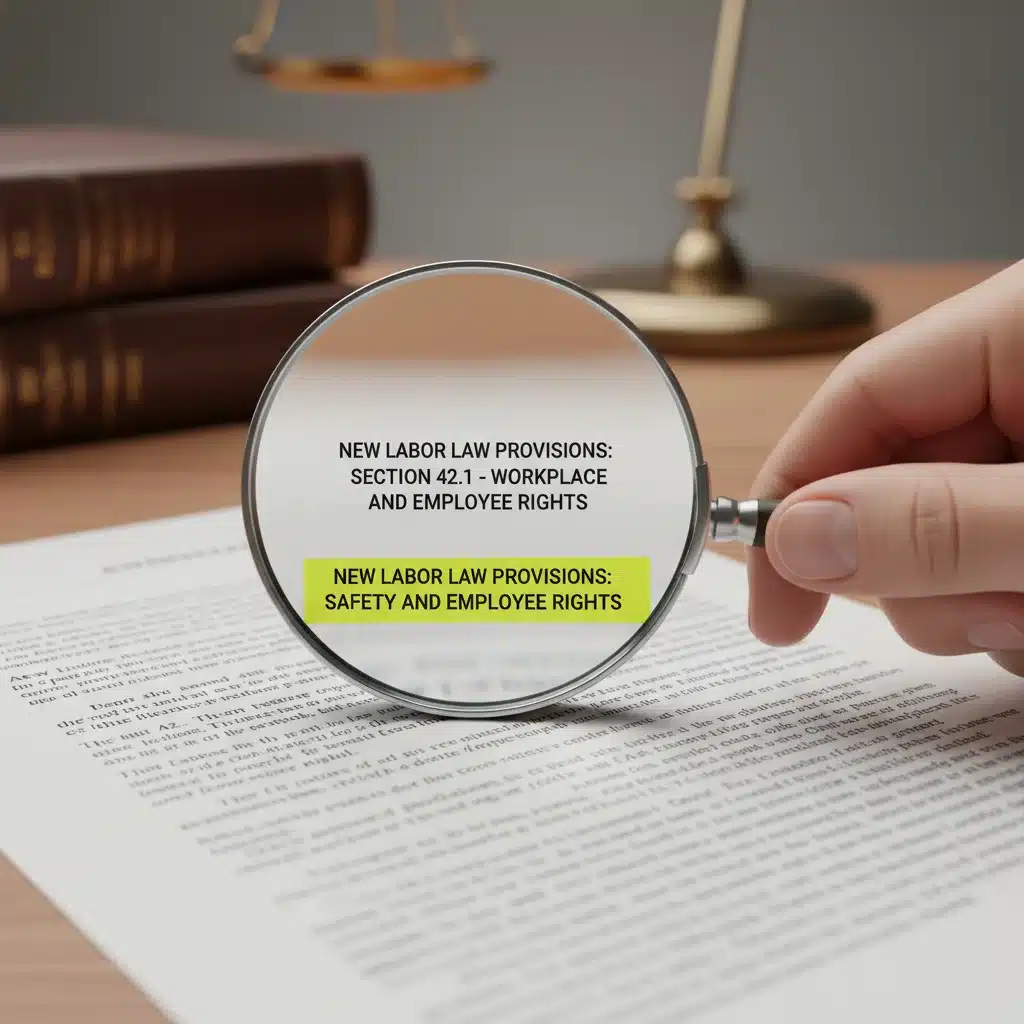Magnifying glass examining new labor law text, symbolizing detailed legal analysis.