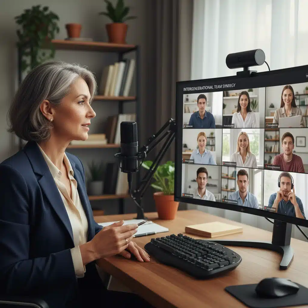 Mature professional leading a virtual team meeting, demonstrating adaptability and leadership.