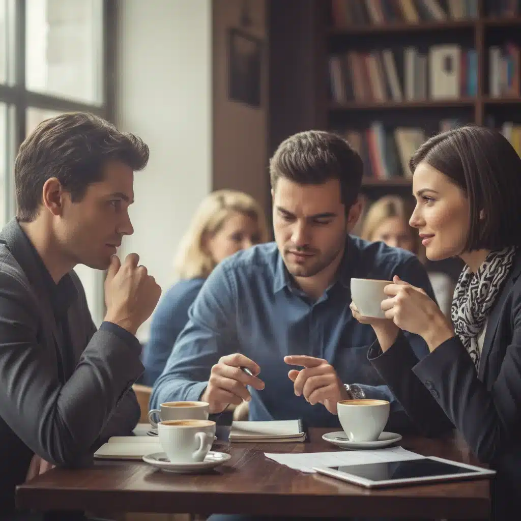 Mentorship conversation between an experienced leader and a mentee in a coffee shop setting.