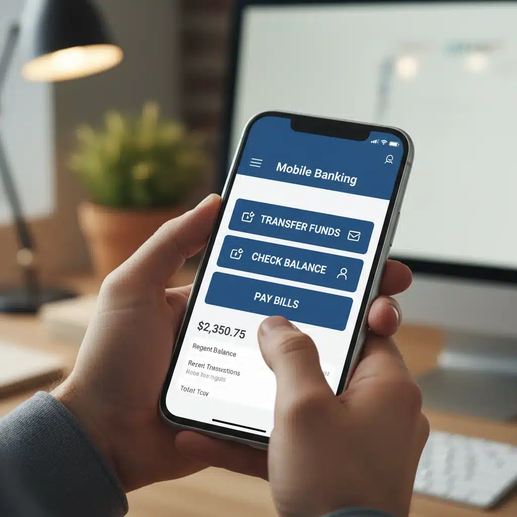 Person using a mobile banking app on a smartphone to manage checking and savings accounts.