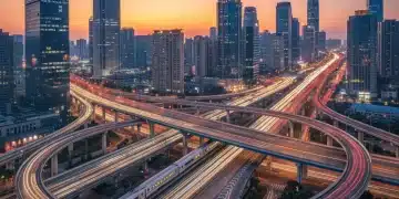 Modern highway interchange and high-speed train symbolizing 2026 infrastructure investment