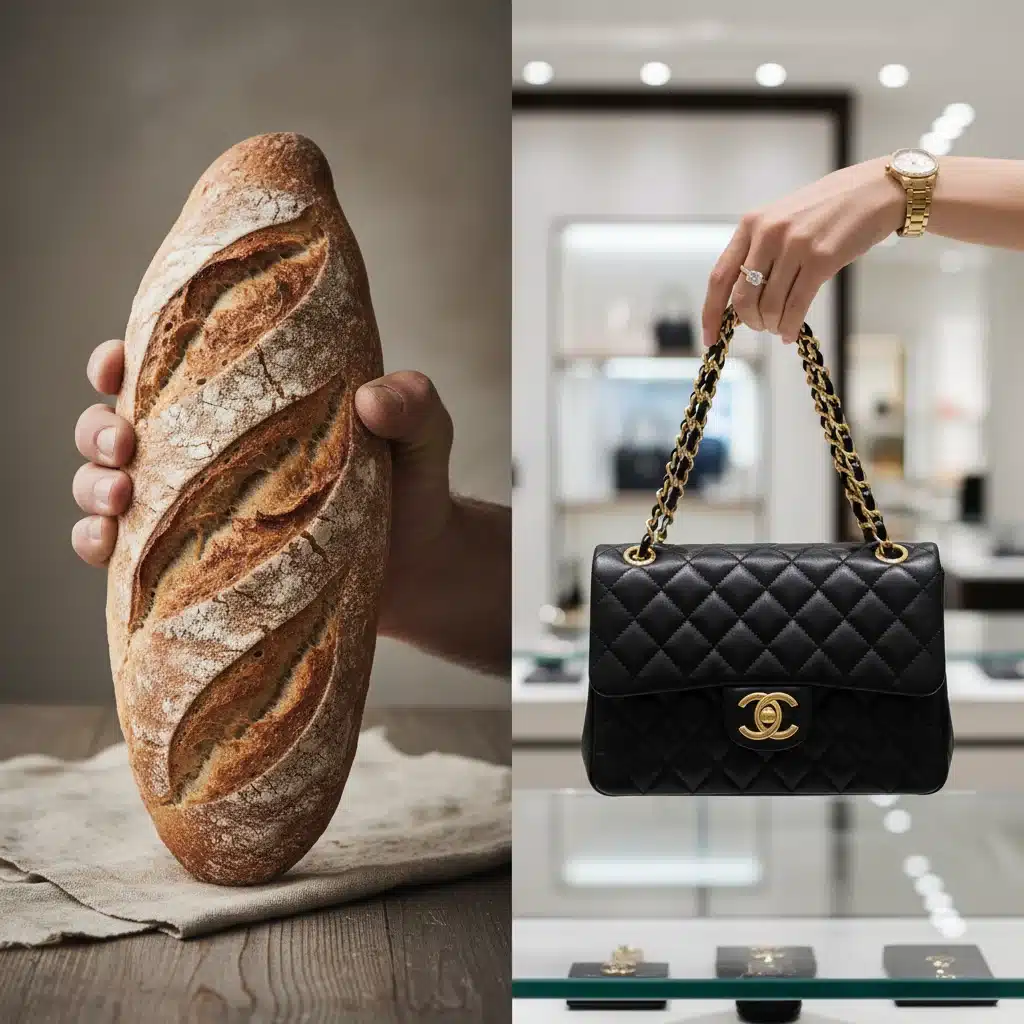 Hands holding bread vs designer handbag, illustrating needs vs wants