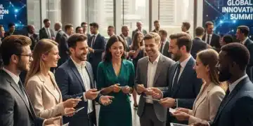 Professionals networking at a conference, shaking hands and exchanging business cards in a dynamic setting.