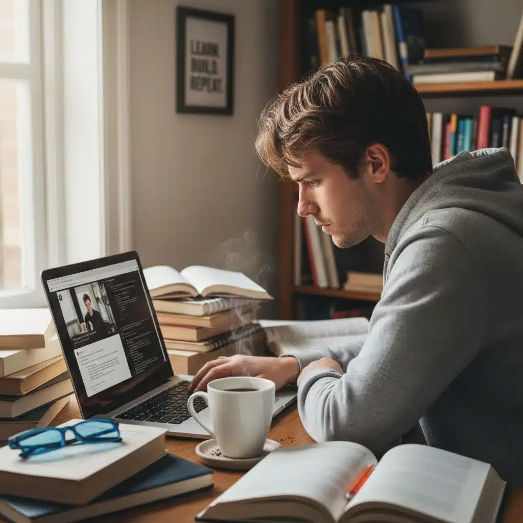 Individual studying online courses for skill development and career advancement.