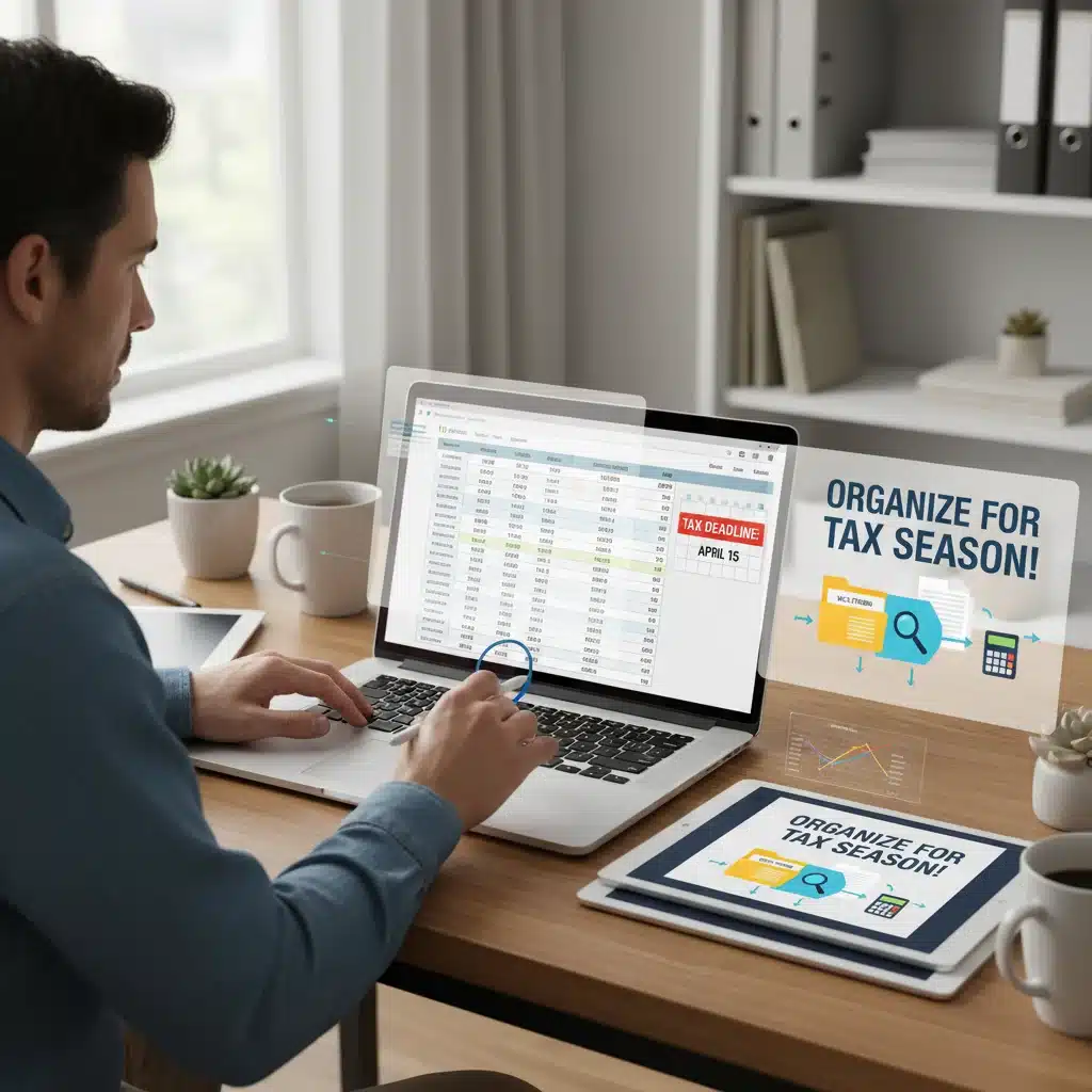 Person organizing financial documents for tax preparation