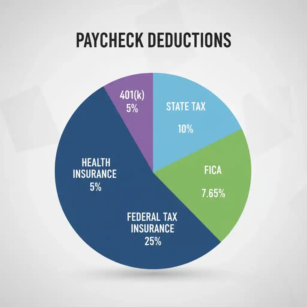 Infographic showing a pie chart breakdown of common paycheck deductions