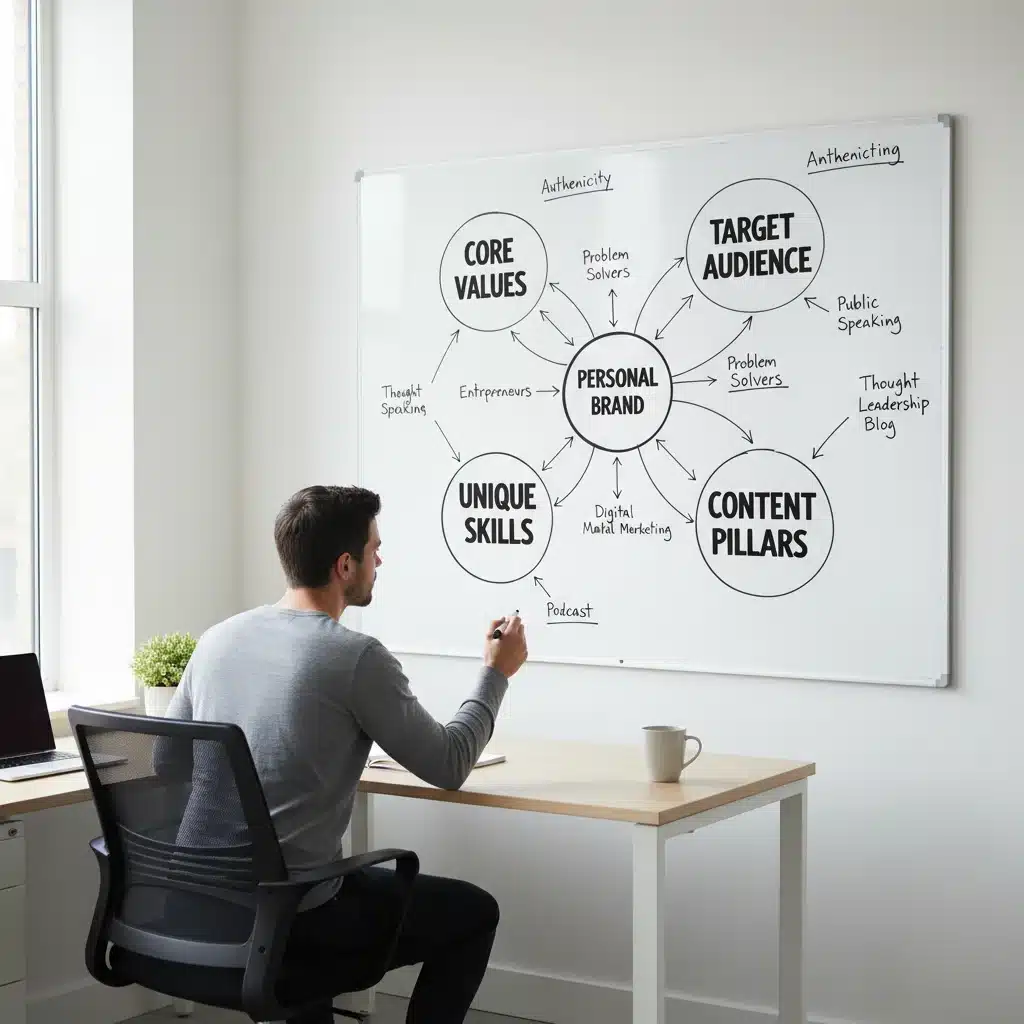 Strategizing personal brand elements on a whiteboard, focusing on core values and target audience.