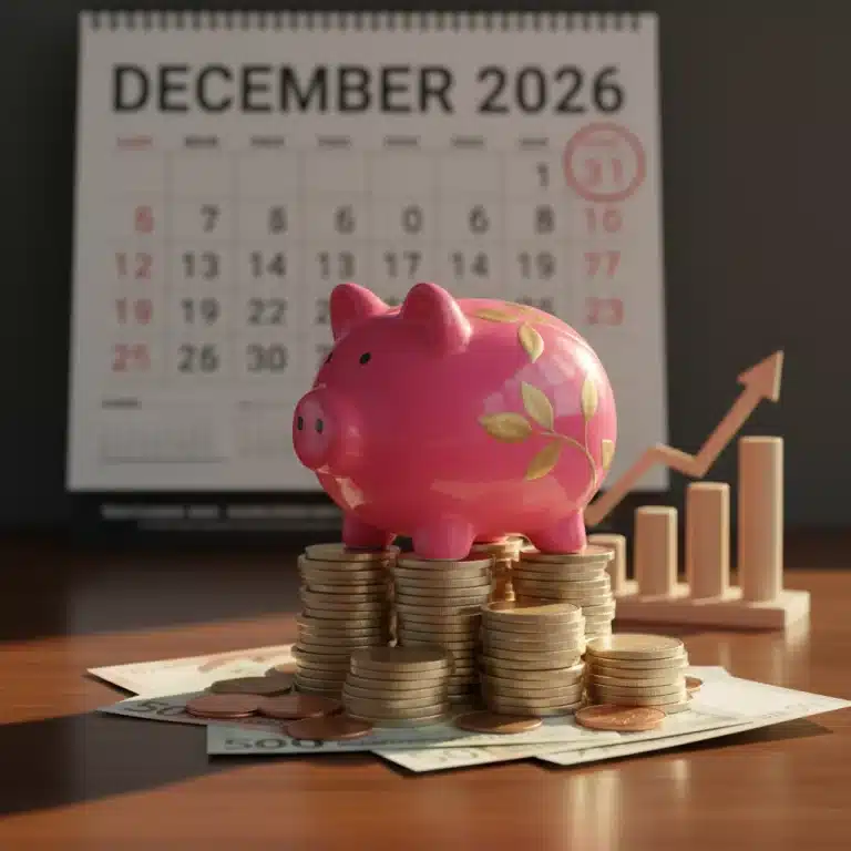 Piggy bank on coins representing saving money habits for 2026