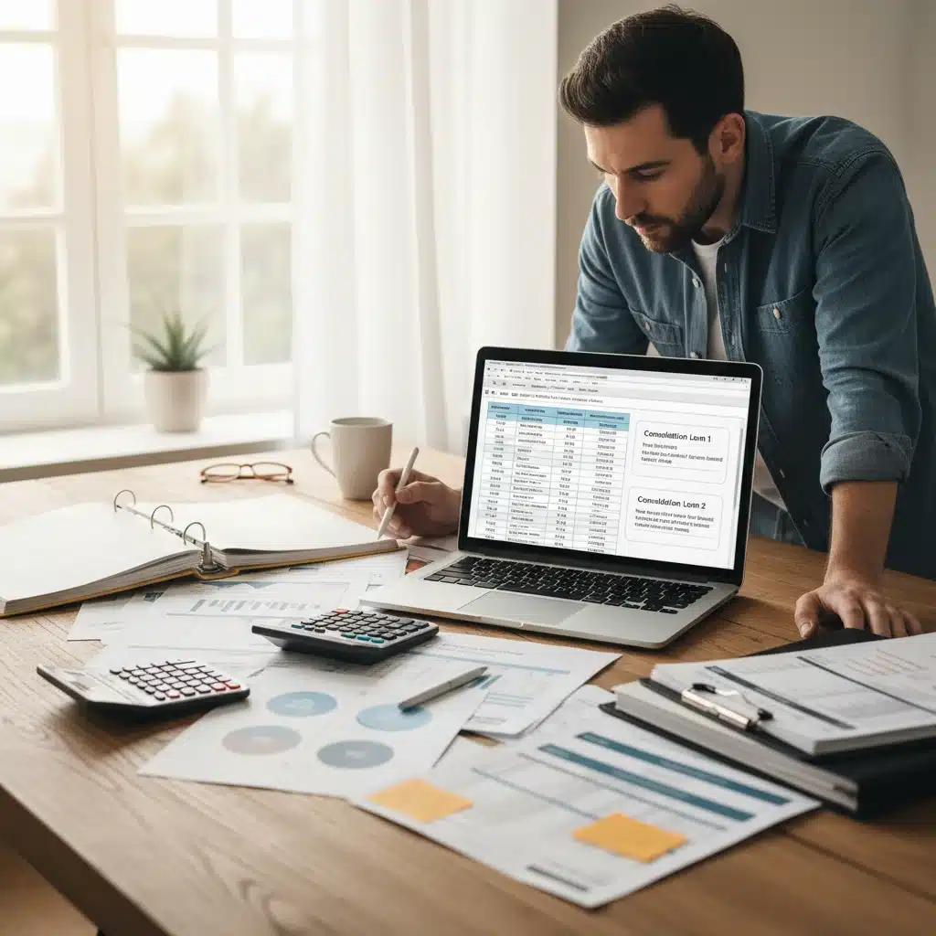 Individual carefully analyzing debt statements to plan a consolidation strategy.