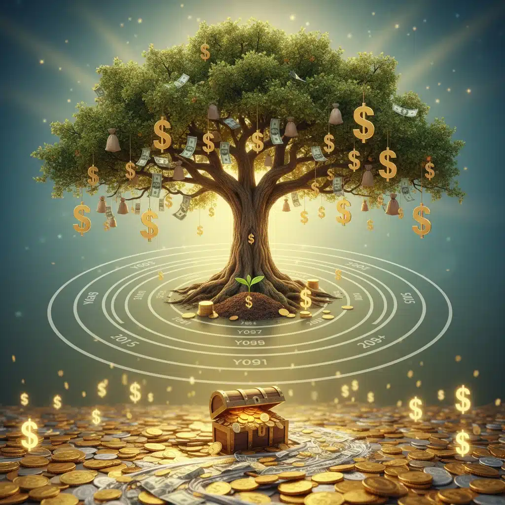 Illustration of compounding interest growing a small seed into a large money tree