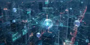 Digital network overlaying cityscape, representing predictive analytics impact