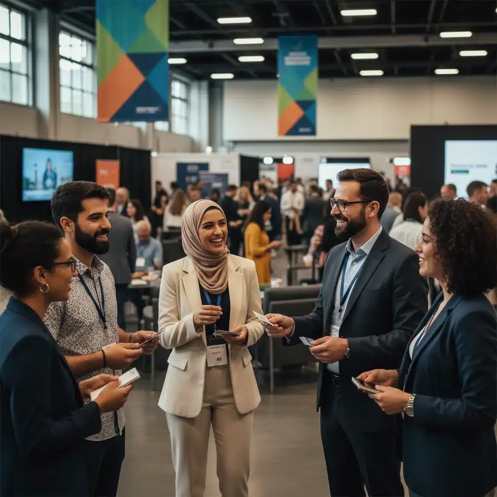 Professionals networking enthusiastically at a career event, building connections.