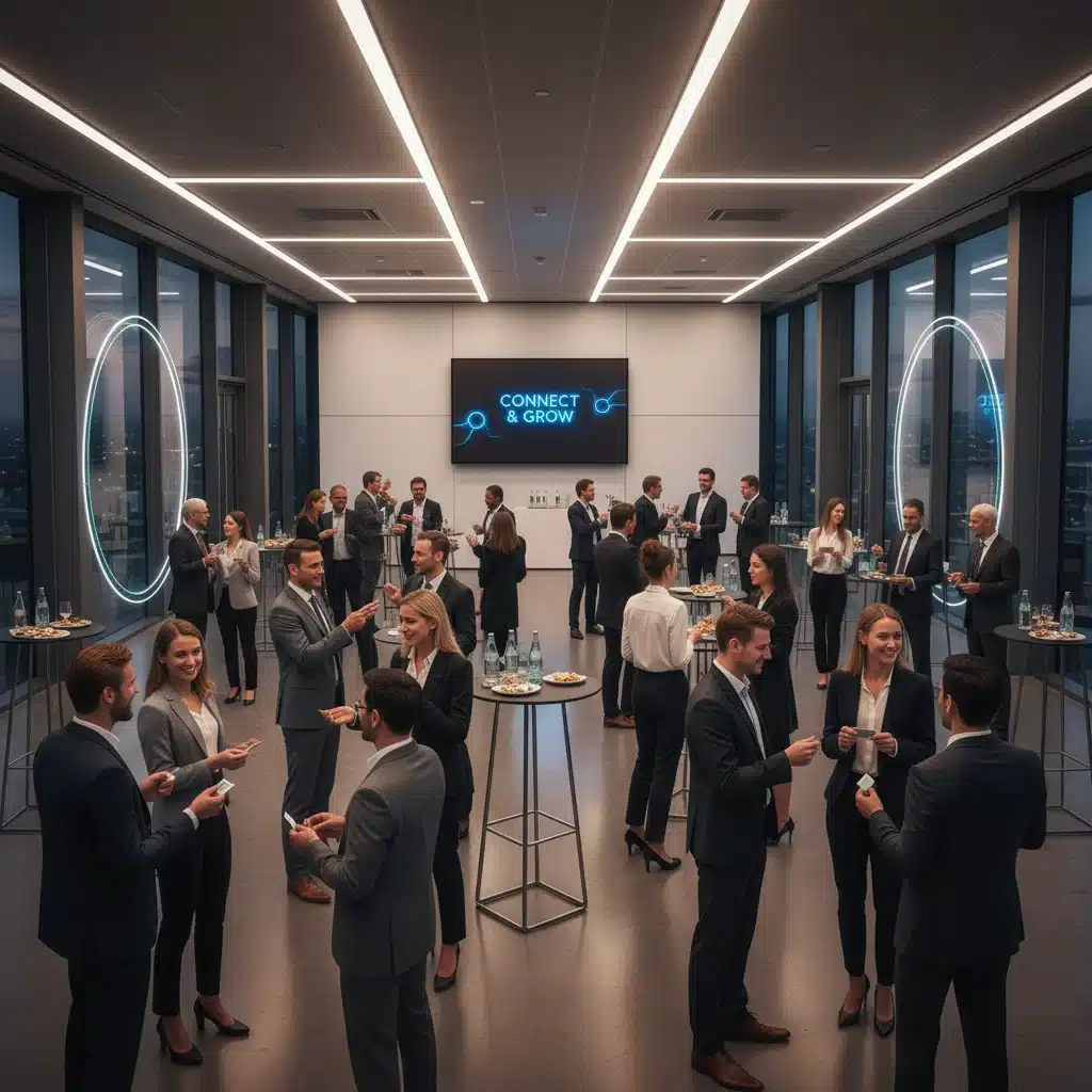 Professionals networking at an event, exchanging business cards and making connections.
