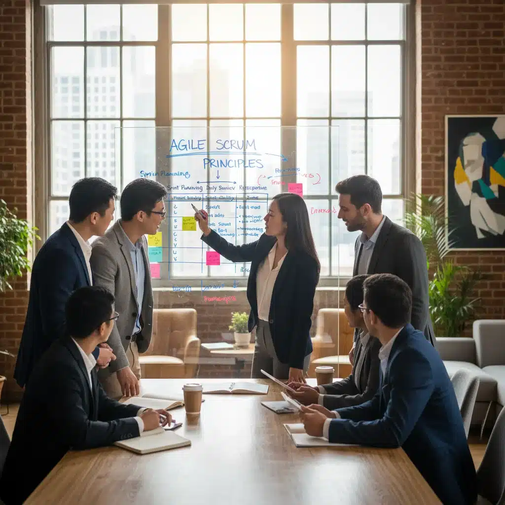 Professionals collaborating on project management strategies in a modern office