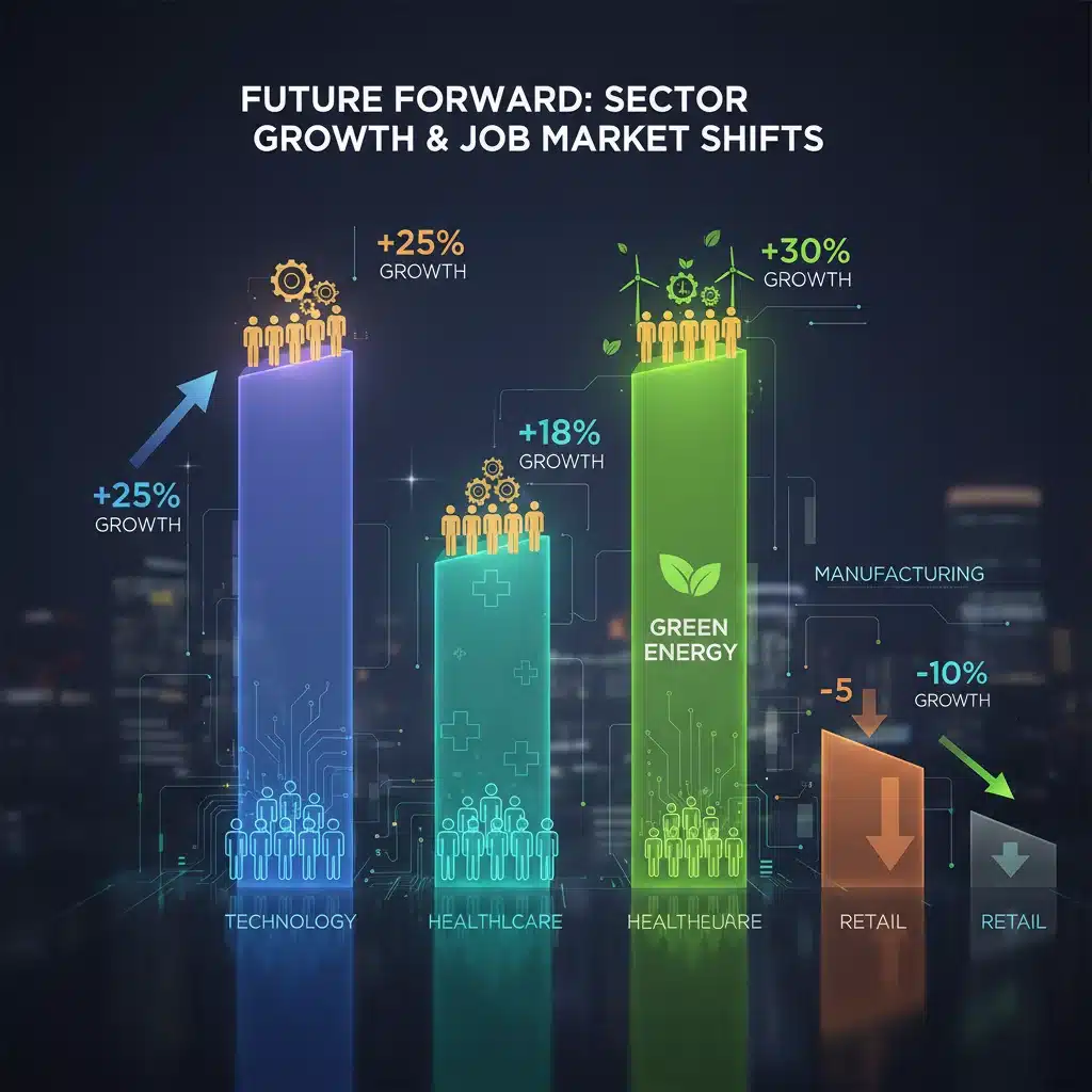 Bar chart illustrating projected job growth in technology, healthcare, and green energy sectors.