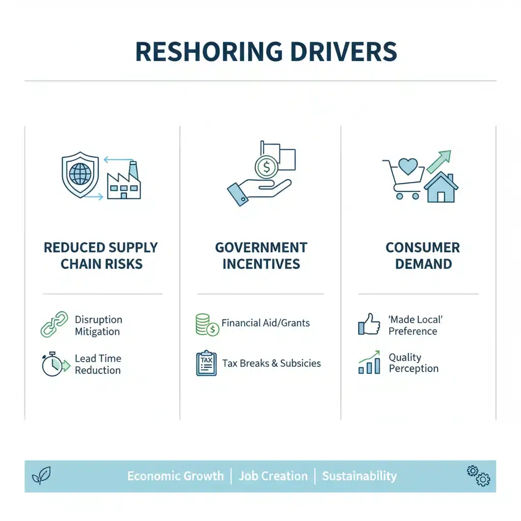 Infographic showing factors driving manufacturing reshoring to the US