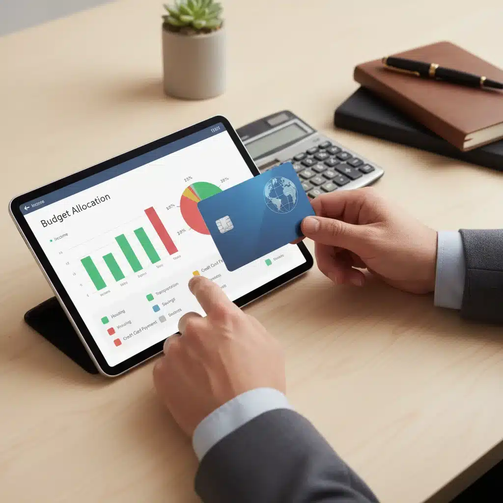 Hands using a credit card and a budgeting app on a tablet, demonstrating responsible financial management.