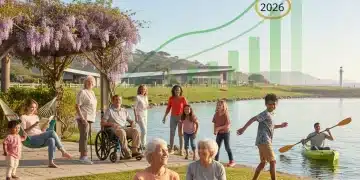 Diverse group enjoying retirement with financial charts and 2026 calendar