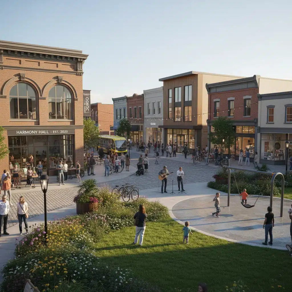 Revitalized small town with thriving local businesses and community activity