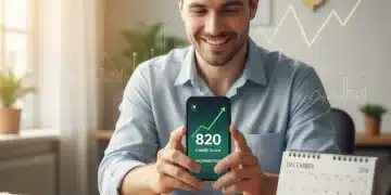 Person viewing a rising credit score on a smartphone, planning for financial success by December 2026.