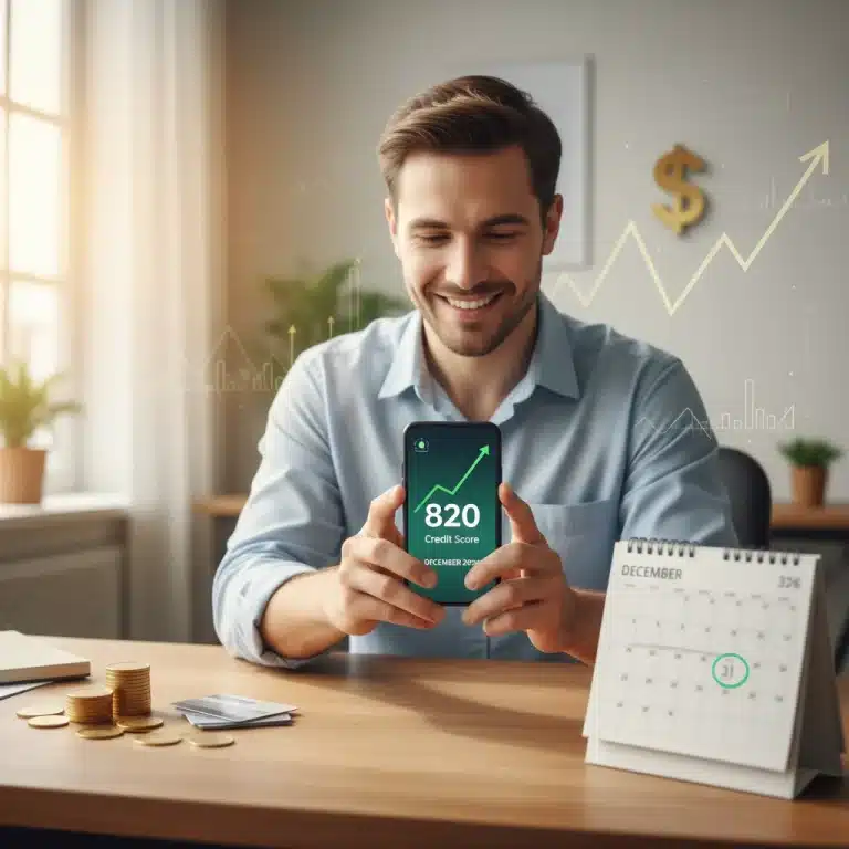 Person viewing a rising credit score on a smartphone, planning for financial success by December 2026.