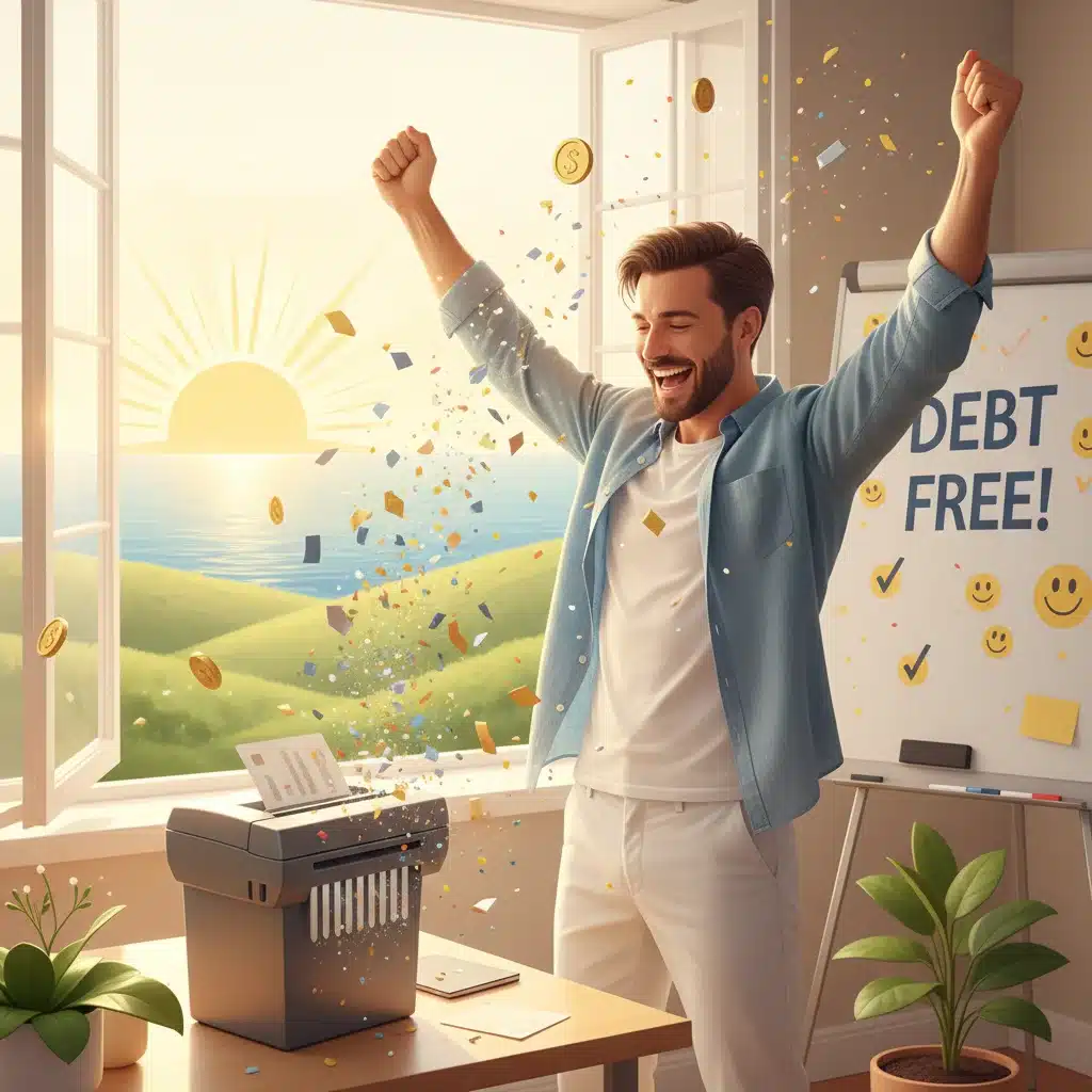 Person shredding credit card symbolizing debt freedom and expense reduction