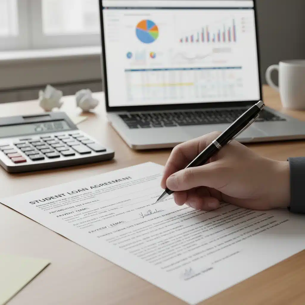Person signing student loan documents with calculator and financial data.