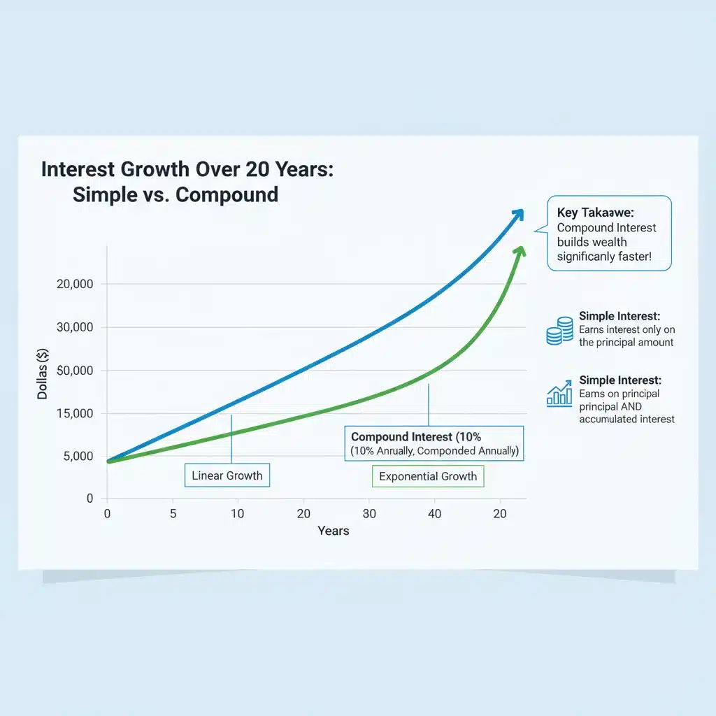 Infographic comparing simple vs compound interest growth over time