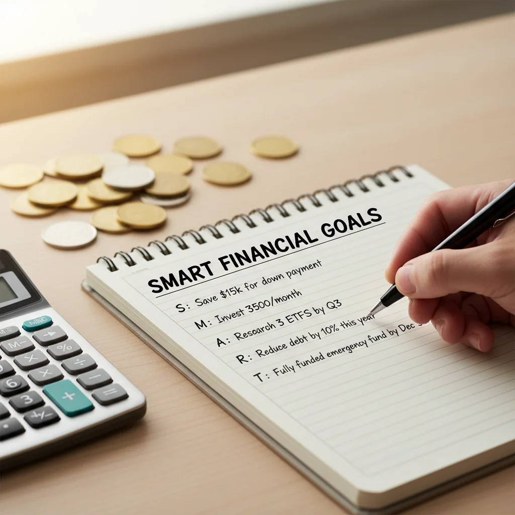 Hand writing SMART financial goals in a planner