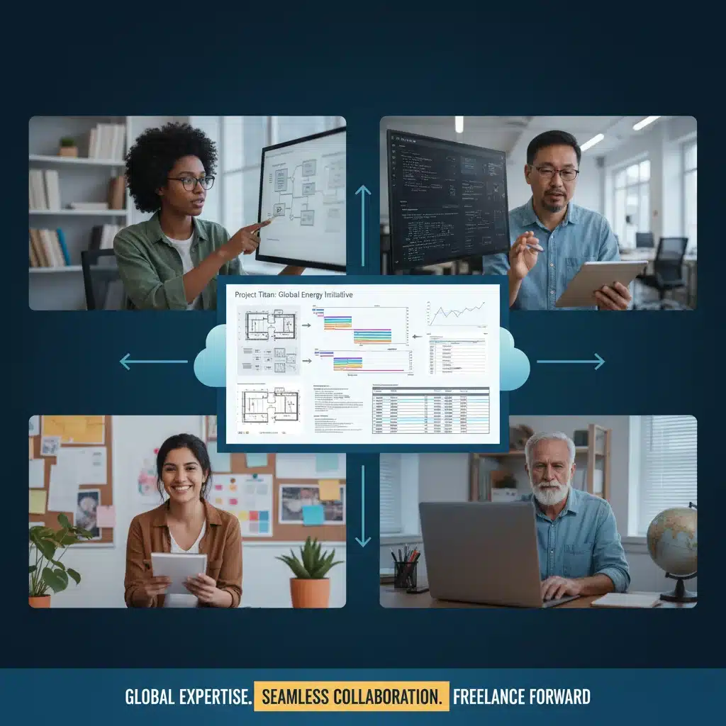 Diverse team collaborating virtually on a project, showcasing specialized freelance networks and remote work.