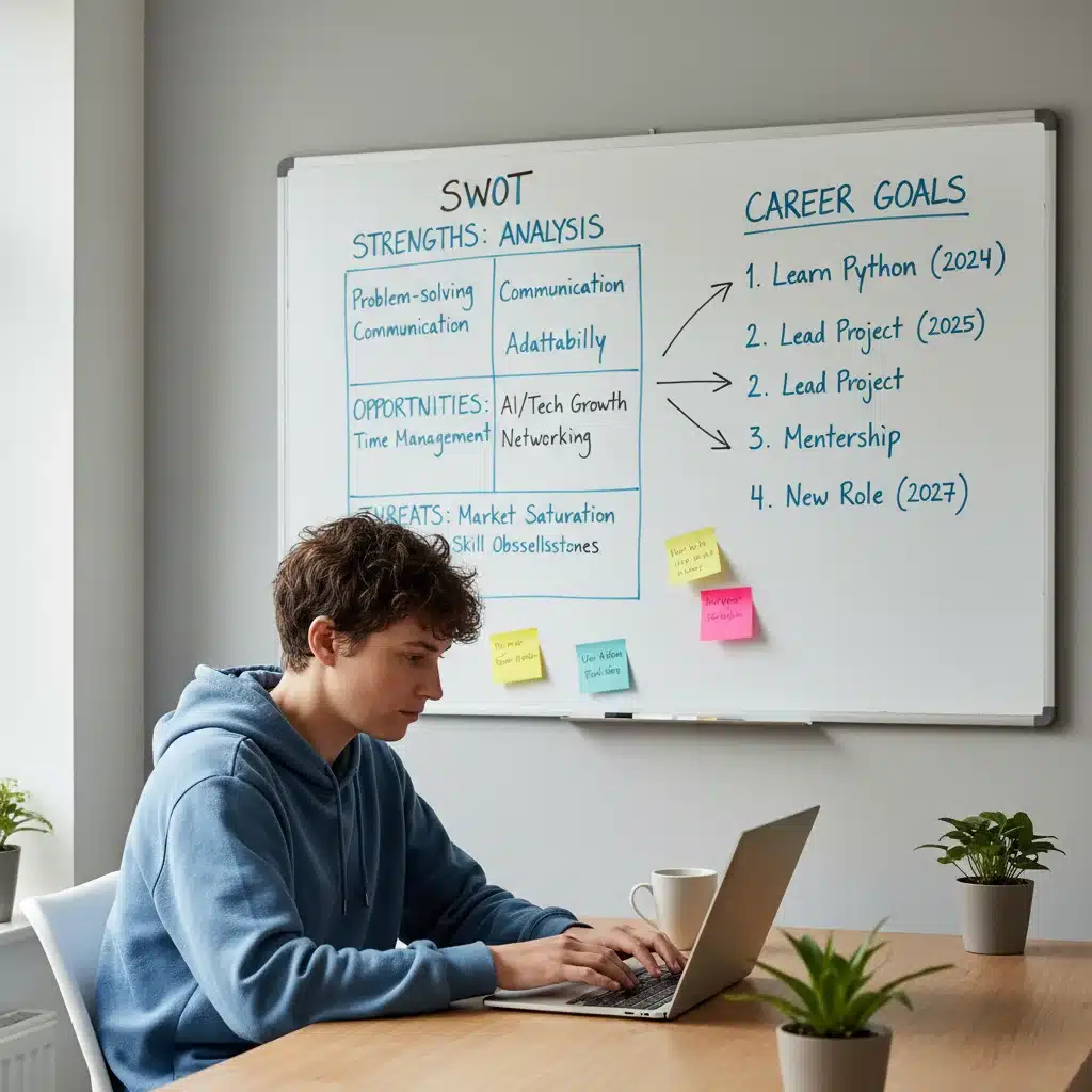Individual planning career strategy and skill development at a modern workspace.