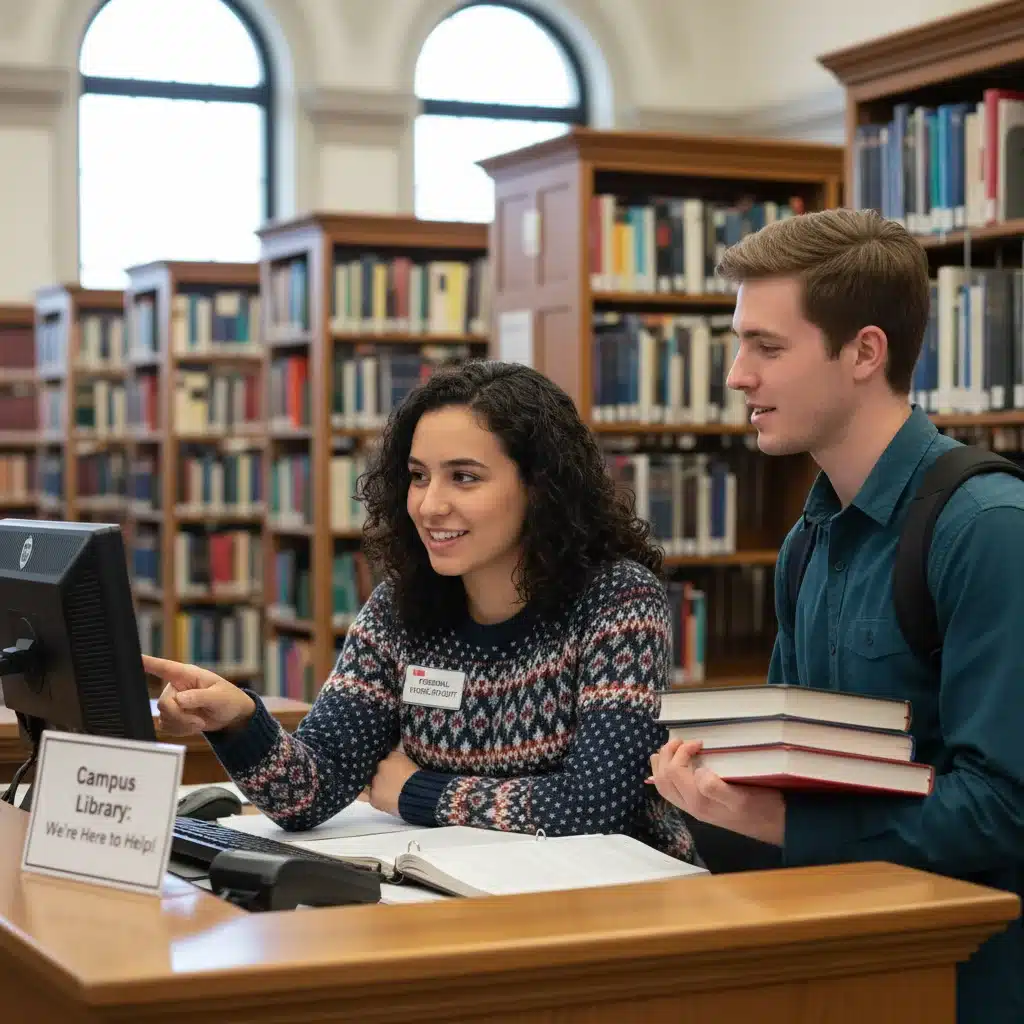 Student working at a campus library, demonstrating work-study benefits.