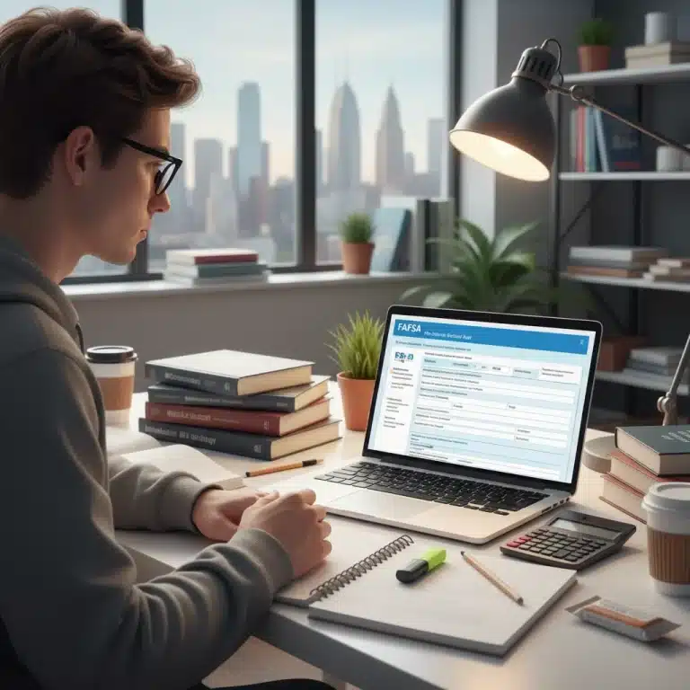 Student contemplating 2026 FAFSA application on laptop