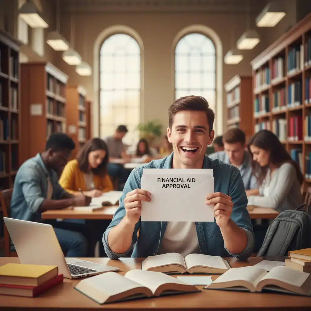 Relieved student receiving emergency financial aid approval letter