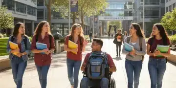 Diverse students on campus with textbooks, symbolizing higher education access