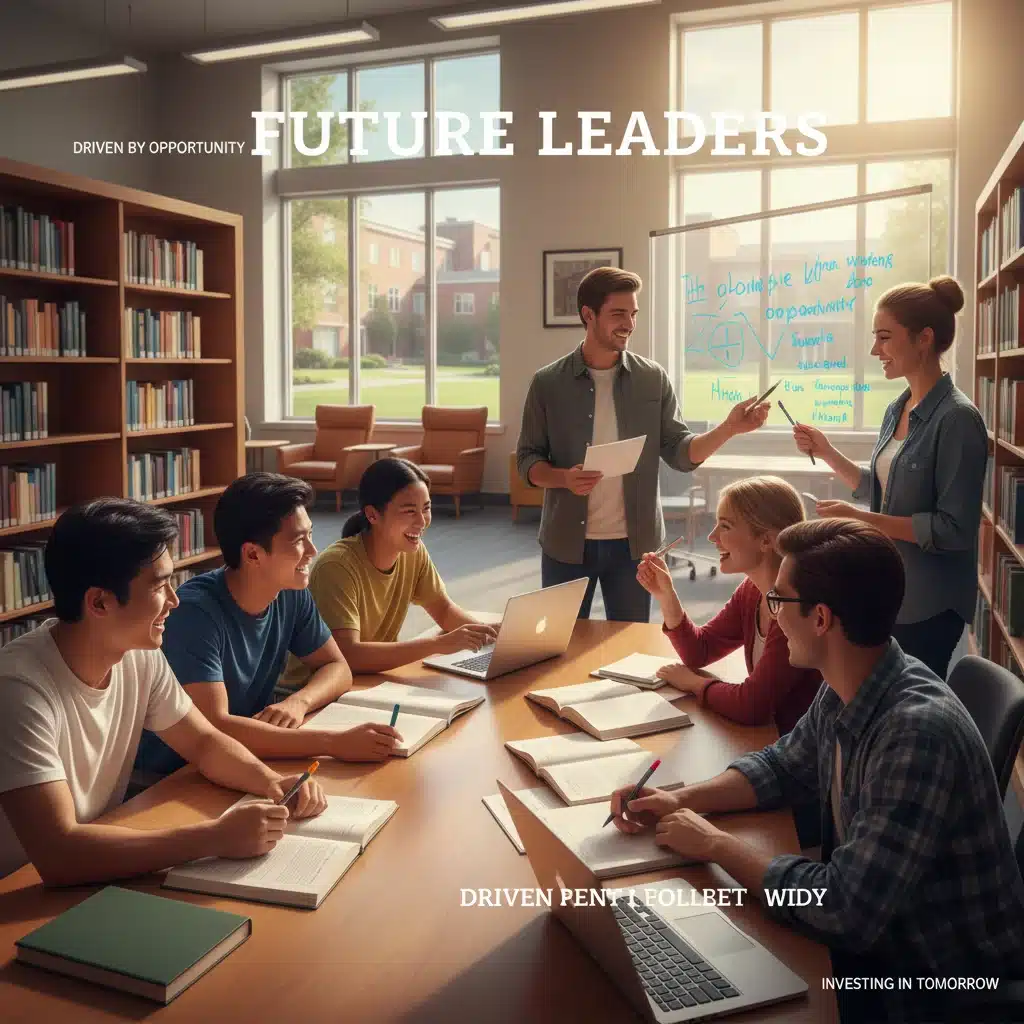 Diverse college students studying together in a modern library.