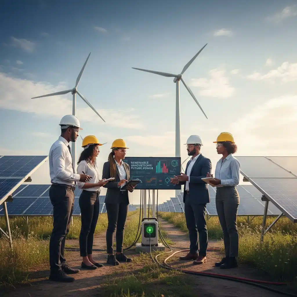 Diverse professionals collaborating on a sustainable energy project, highlighting innovation.