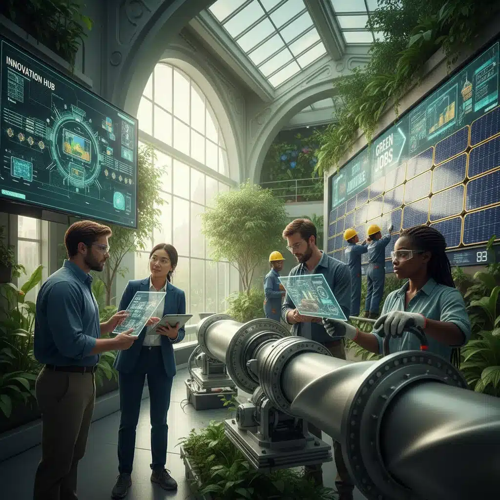 Diverse workforce collaborating in a sustainable energy facility