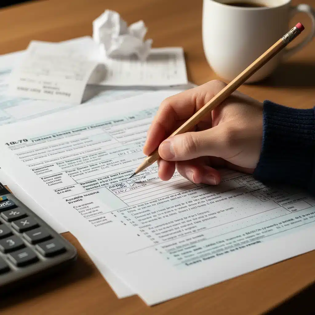 Detailed view of tax form with calculations and pencil