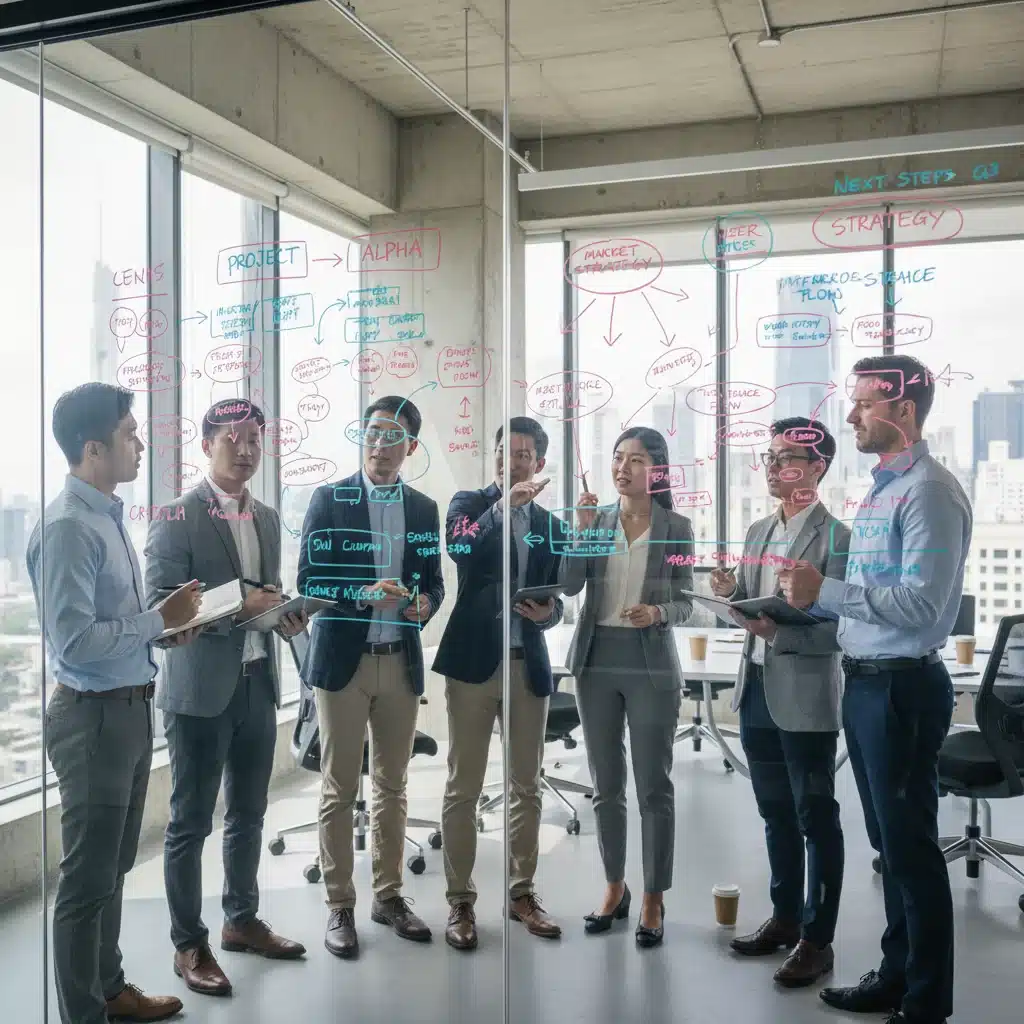 Diverse professionals collaborating around a whiteboard, applying new skills in a dynamic work environment.