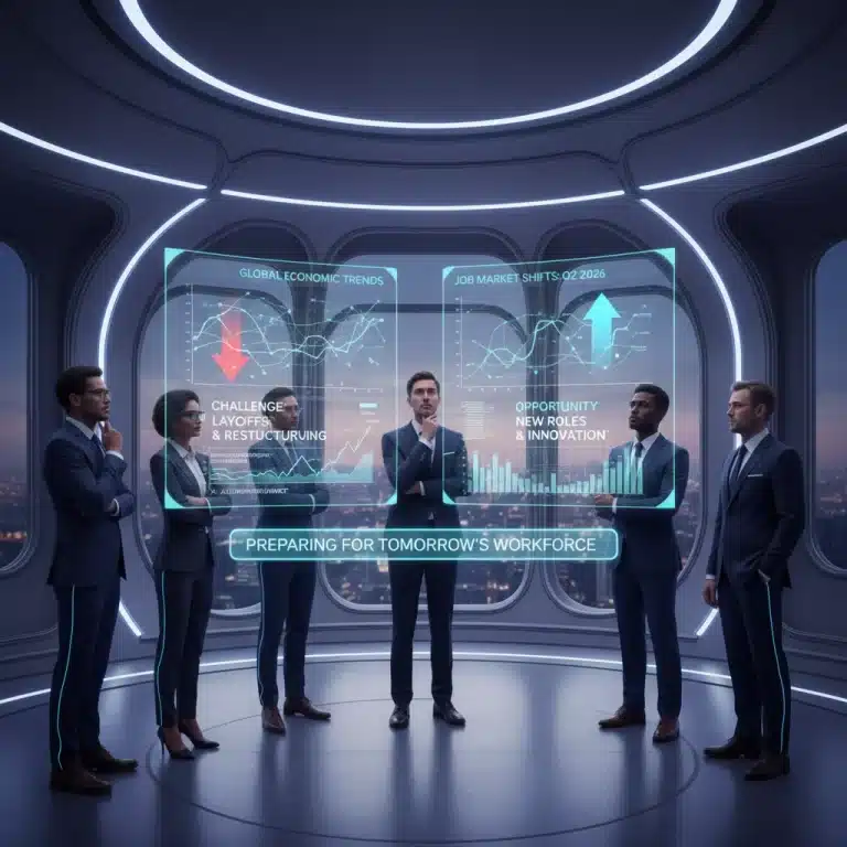 Professionals analyzing tech job market trends and economic data projections for Q2 2026.