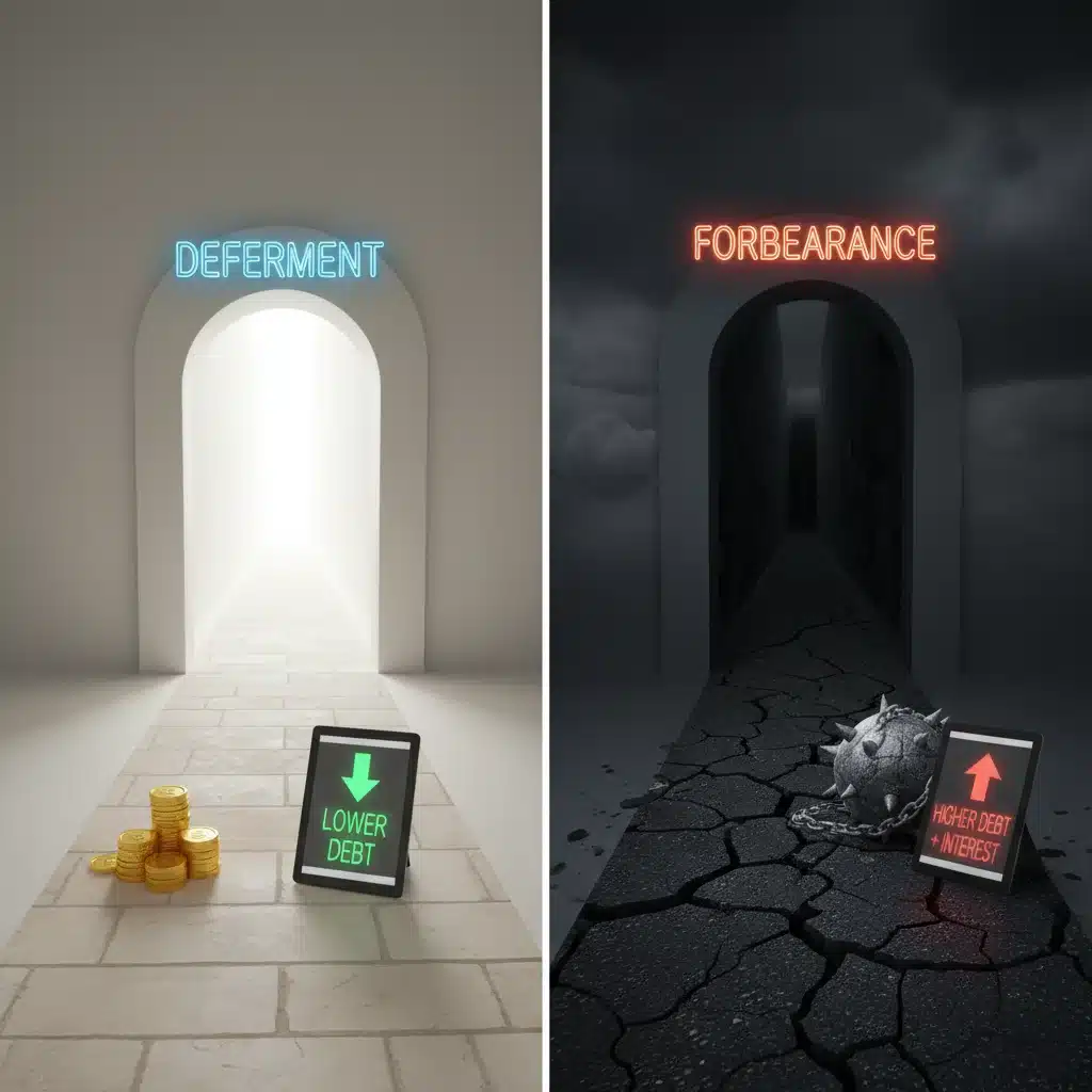 Visual representation of two paths: student loan deferment vs forbearance, highlighting different financial outcomes.