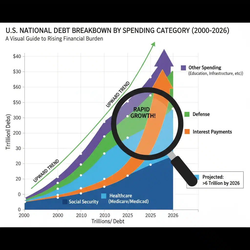 Infographic detailing US national debt composition and growth