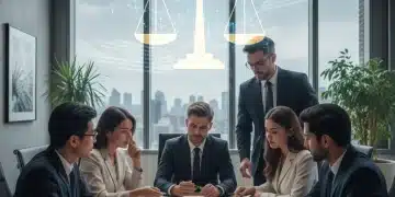 Diverse professionals reviewing US labor law documents, symbolizing legal compliance and workplace understanding.