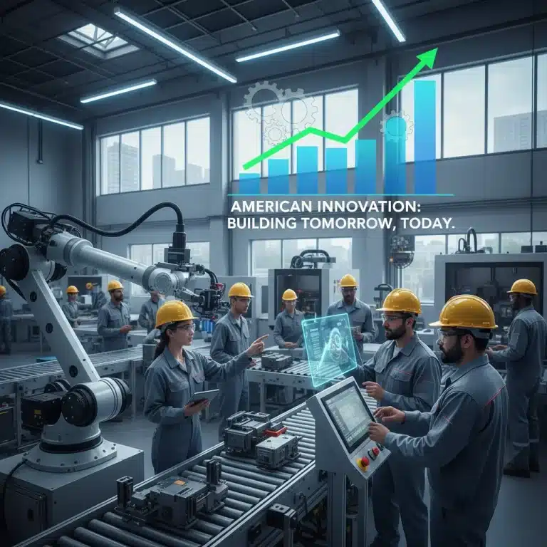 Modern US manufacturing plant with robotics and diverse workforce, symbolizing economic growth
