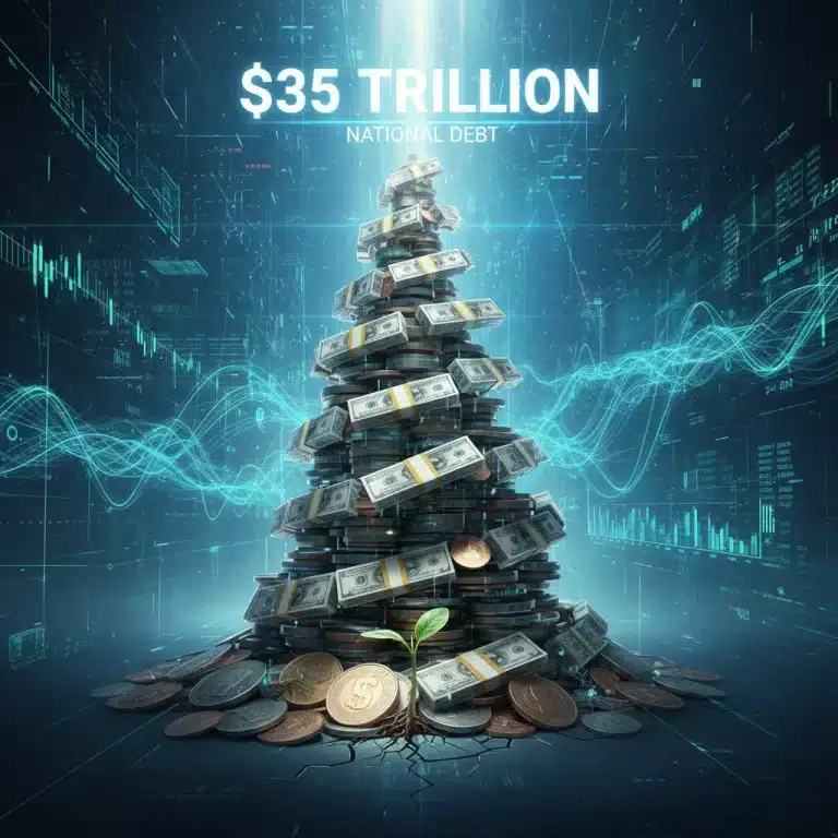 Illustration of $35 trillion US national debt impacting future generations