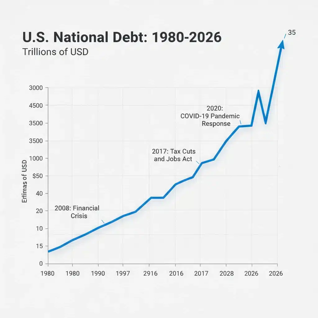 Historical trend of U.S. national debt increasing over time, highlighting the cumulative impact of deficits.