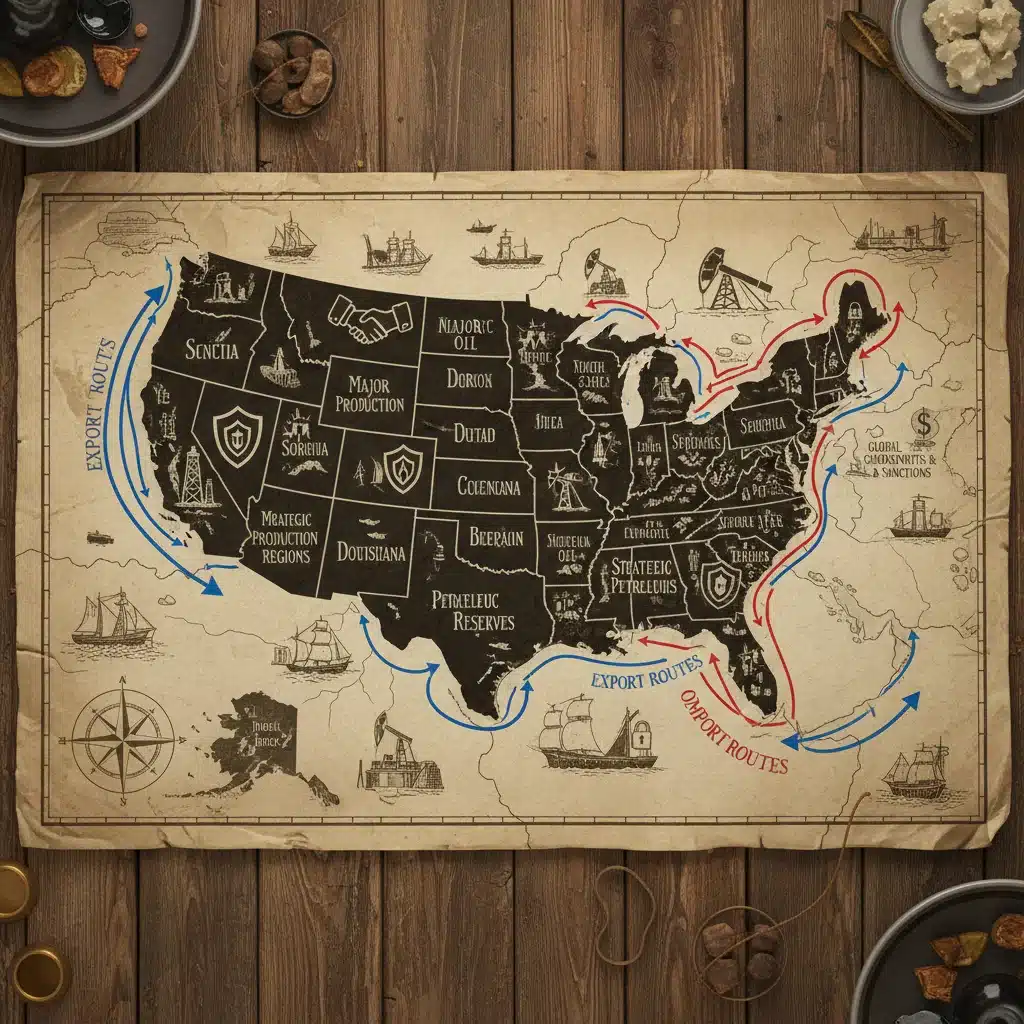 Map of US oil production, reserves, and geopolitical influences on energy supply
