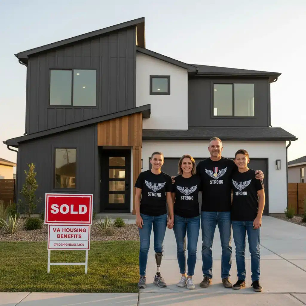 Veteran family in front of new home with VA loan benefits